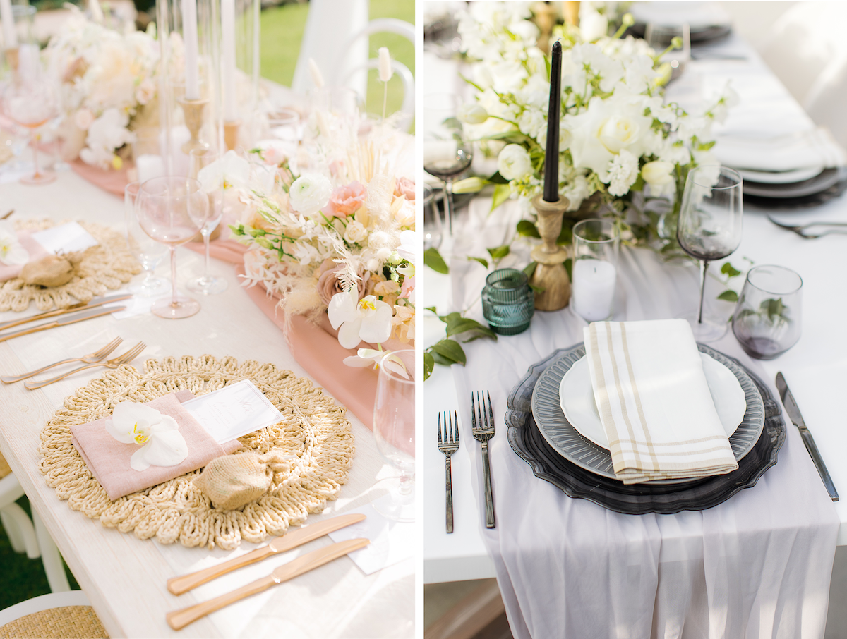 cream and blush table setting (left), gray, creme, white and black table setting (right) 