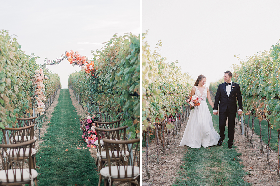photo of archway and seating (left) a couple walking down an aisle of forestry holding hands (right)