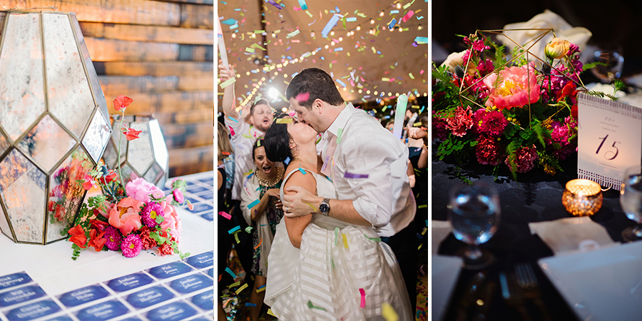 two decorated tables and a couple kissing among confetti after ceremony
